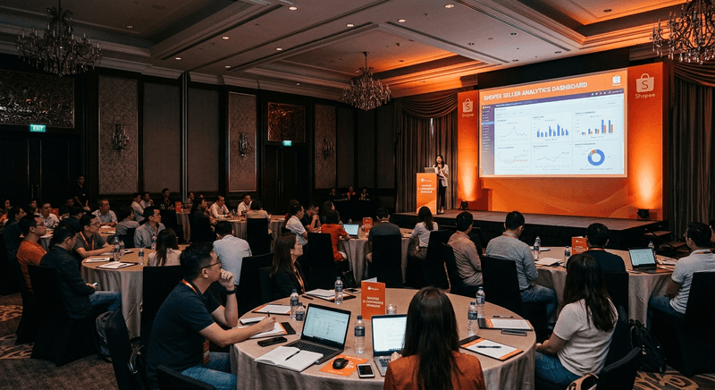 Suasana Workshop Offline Andy Setiawan di hotel dengan peserta dan Shopee dashboard